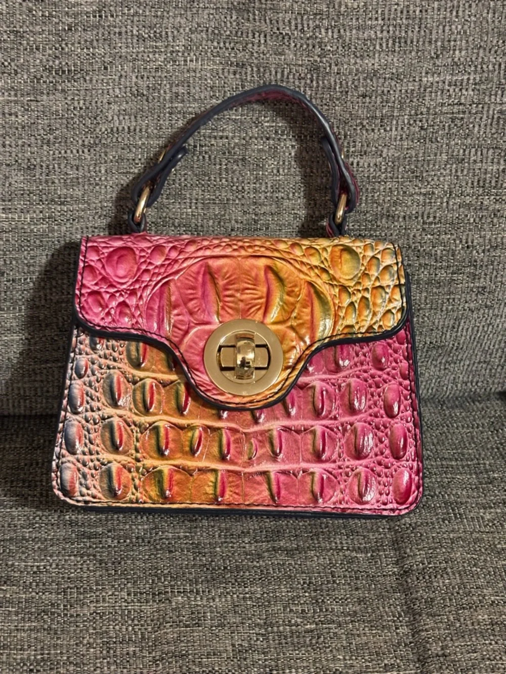 Croc-Embossed Mini Top-Handle Bag Pink and Orange Gradient - Picture 1 of 7